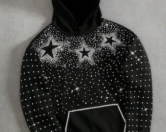 Czarna bluza z kapturem z gwiazdami ze strasu | Luźny męski sweter w stylu Y2K Streetwear