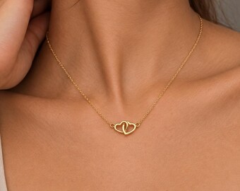 Double Heart Necklace in Sterling Silver, Gold or Rose Gold, Interlocking Hearts