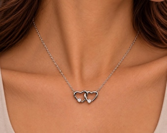 Interlocking Hearts Necklace, Sterling Silver Double Heart Pendant with Cubic Zirconia