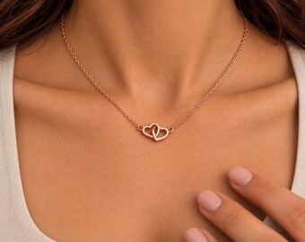 Rose Gold Double Heart Necklace, Interlocking Hearts in Sterling Silver