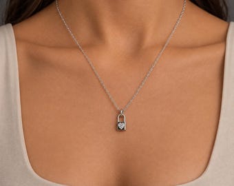 Silver Heart Lock Necklace, Sterling Silver Padlock Pendant with Zircon, Dainty Love Jewelry