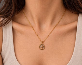 Tree of Life Necklace, 14K Gold Plated Sterling Silver Circle Pendant with Baguette Stones