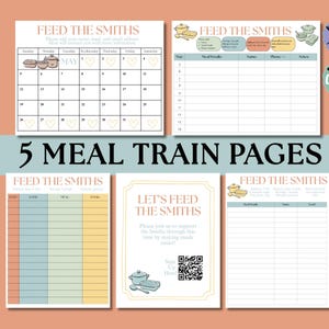 May include: Five printable meal train pages featuring the title Feed The Smiths, including a monthly calendar, sign-up sheets with columns for meal details, names, phone numbers, and notes, plus a flyer with a QR code for digital sign-ups.