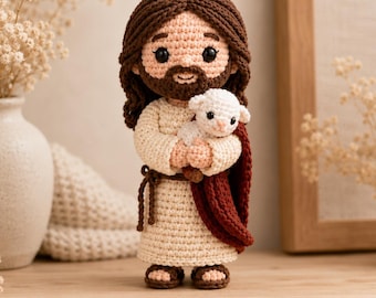 Jesus Crochet Doll with Lamb, Good Shepherd Amigurumi, Handmade Catholic Gift, Christian Nursery Decor, First Communion Baptism Gift