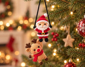 Crochet Santa and Reindeer Ornament, Climbing Santa Car Charm, Handmade Christmas Tree Decor, Amigurumi Rearview Mirror Accessory, Xmas Gift