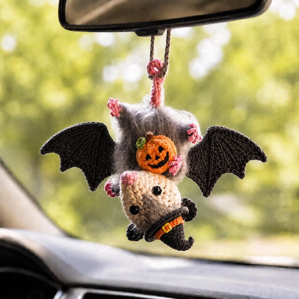 Halloween Possum Rearview Mirror Accessory, Crochet Opossum Car Charm, Spooky Bat Car Ornament, Funny Car Decoration, Goth Gift Idea