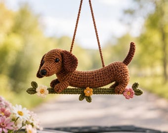 Crochet Dachshund Car Accessories | Wiener Dog Rearview Mirror Hanger | Sausage Dog Ornament | Amigurumi Dog Plush | New Car Gift for Her
