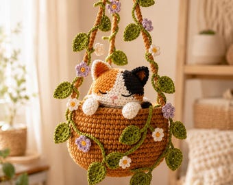 Crochet Calico Cat Hanging Plant Pot, Cute Kitten in Basket, Cat Plant Wall Decor, Unique Handcrafted Cat Lover Gift, Gift For Her