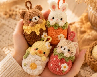 Crochet Animal Hanging Charm, Bunny Bear Chick Cat Ornament, Handmade Amigurumi Bag Charm, Cottagecore Gift, Cute Animal Decor