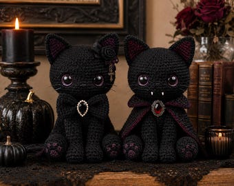 Crochet Black Cat Plush, Vampire Dracula Cat Amigurumi, Halloween Decor Spooky Cute Gothic Room Decor, Witch Familiar Creepy Kawaii Gift