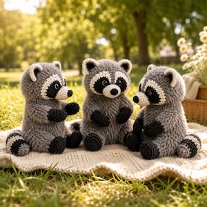 May include: Three handmade crochet raccoon plush toys featuring fuzzy grey bodies, black eye masks, white facial accents, and striped tails. Each stuffed animal has black paws and feet, with dark button eyes and a small black nose, sitting upright.