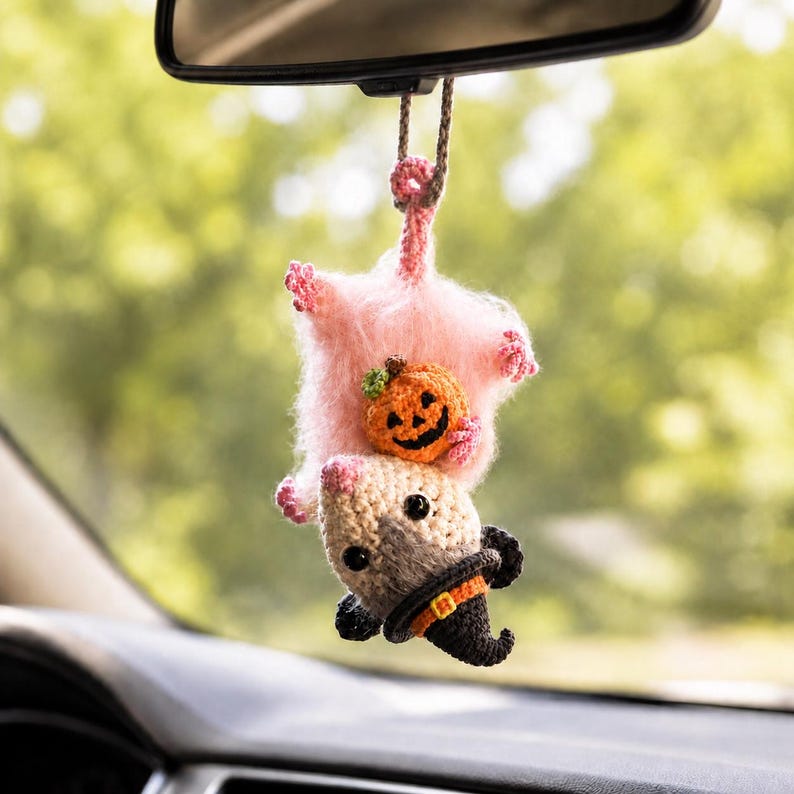 Halloween Possum Rearview Mirror Accessory, Crochet Opossum Car Charm, Spooky Bat Car Ornament, Funny Car Decoration, Goth Gift Idea image 6