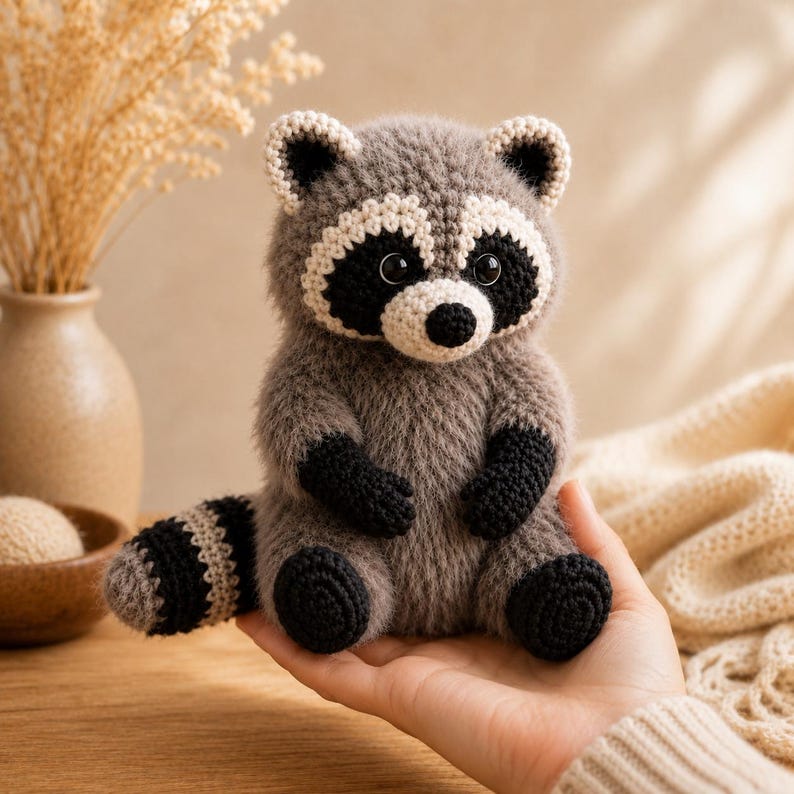 May include: A small, crocheted raccoon plush toy featuring a fuzzy grey body, black paws, and a striped tail. The raccoon has a white face with black eye patches, a black nose, and dark, round eyes. The texture is soft and yarn-based throughout.