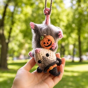 Halloween Possum Rearview Mirror Accessory, Crochet Opossum Car Charm, Spooky Bat Car Ornament, Funny Car Decoration, Goth Gift Idea image 10