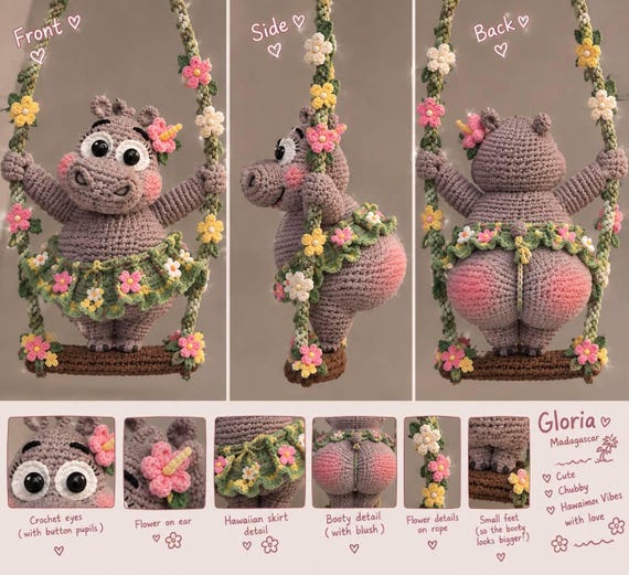 Crochet Floral Hippo Amigurumi, Funny Hippopotamus Figure, Cheeky Animal Stuffed Toy, Cute Desk Decor, Unique Handmade G