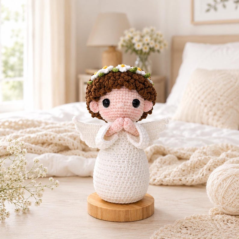 May include: A crochet angel doll with brown curly hair, a white flower crown, and white wings. The doll has a pale pink face with black bead eyes and hands clasped together in front of a white dress, standing on a round wooden base.