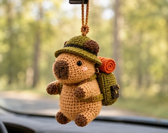 Crochet Camping Capybara Car Hanging, Amigurumi Hiker Animal Rearview Mirror Charm, Backpack Keychain Plush, Nature Lover Gift, Hiker Gift