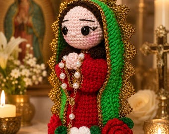 Virgin Mary Crochet Doll, Handmade Catholic Gift, Our Lady Religious Decor, Prayer Room Altar Decoration, Catholic Home Decor Gift