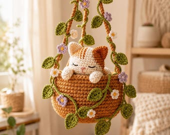 Crochet Calico Cat Hanging Plant Pot, Cute Kitten in Basket, Cat Plant Wall Decor, Unique Handcrafted Cat Lover Gift, Gift For Her