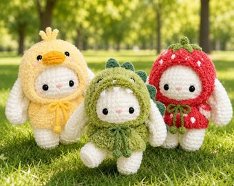 Kawaii Crochet Bunny Plush in Animal Costume, Amigurumi Stuffed Rabbit Toy, Cute Strawberry Dinosaur Duck Bunny Gift, Nursery Room Decor