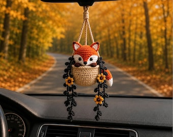 Crochet Halloween Fox Car Hanging, Spooky Witch Fox Rearview Mirror Charm, Pumpkin Basket Car Decor, Cute Halloween Gift, Fall Fox Ornament