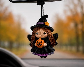 Halloween Witch Car Charm, Crochet Spooky Rearview Mirror Accessory, Cute Amigurumi Goth Decor, Pumpkin Witch Doll Gift