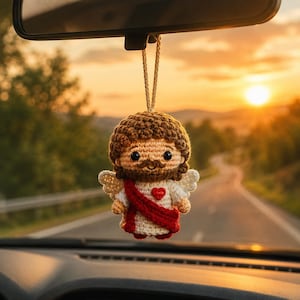 Sacred Heart Jesus Car Hanging, Crochet Rearview Mirror Charm, Handmade Catholic Car Ornament, Christian Driver Gift