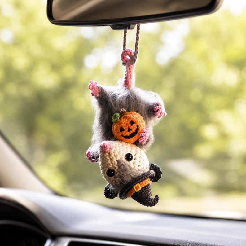 Halloween Possum Rearview Mirror Accessory, Crochet Opossum Car Charm, Spooky Bat Car Ornament, Funny Car Decoration, Goth Gift Idea No Wings