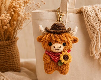 Crochet Highland Cow Keychain, Cowboy Cow Plush with Sunflower, Cute Car Mirror Hanging Charm, Farmhouse Bag Clip, Country Gift for Her