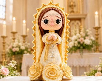 Handmade Virgin Mary Crochet Doll, Cream Gold Praying Our Lady Religious Decor