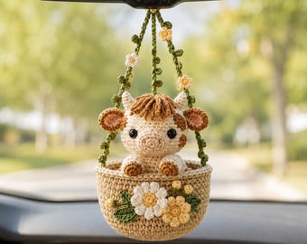 Crochet Highland Cow Car Hanging, Floral Cow Rearview Mirror Charm, Handmade Cow Basket Ornament, Cottagecore Car Decor, Cow Lover Gift