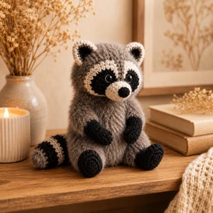 May include: A crocheted raccoon plush toy featuring a fuzzy grey body, black eye patches, a white muzzle, and a black nose. The raccoon has black paws and feet, with a striped grey and white tail. It is crafted with detailed yarn textures.