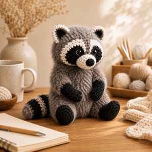May include: A crocheted raccoon plush toy featuring a fuzzy grey body, black and white facial markings, a black nose, and a striped tail. The raccoon has black paws and feet, with white inner ears and a white muzzle, crafted in a soft yarn texture.