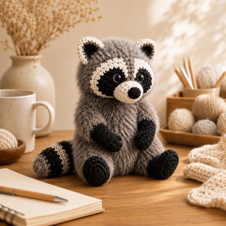 May include: A crocheted raccoon plush toy featuring a fuzzy grey body, black and white facial markings, a black nose, and a striped tail. The raccoon has black paws and feet, with white inner ears and a white muzzle, crafted in a soft yarn texture.