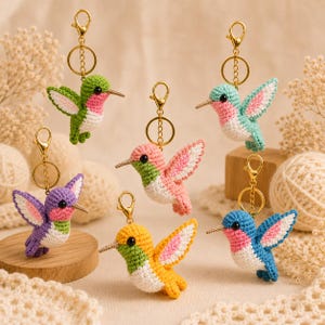 May include: Six handmade crochet hummingbird keychains featuring gold-tone metal lobster clasps and rings. Each bird displays a unique color combination including green, pink, teal, purple, yellow, and blue, all with white bellies and wings.
