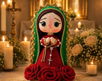 Our Lady of Guadalupe Crochet Doll - Virgin Mary Amigurumi Handmade Catholic Statue Home Altar Decor
