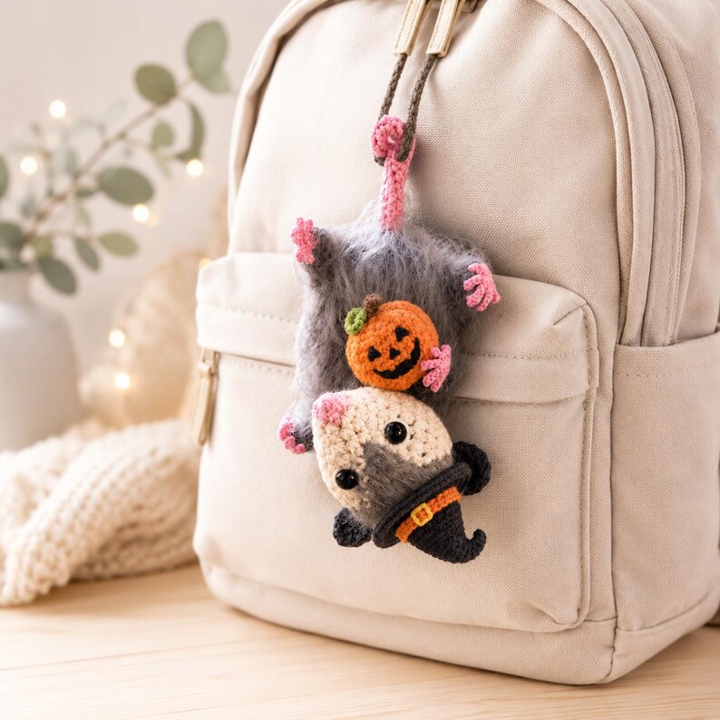 May include: A crochet opossum keychain hanging from a beige backpack. The gray fuzzy opossum has pink feet and a tail, holding a small orange jack-o'-lantern. The opossum wears a black witch hat with an orange band and a yellow buckle detail.