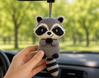 Crochet Raccoon Car Charm, Cute Trash Panda Rearview Mirror Accessory, Funny Animal Car Ornament, New Driver Gift, Backpack Hanging Decor