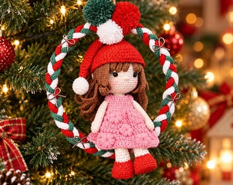 Crochet Christmas Wreath Ornament, Handmade Amigurumi Doll Tree Decor, Cute Holiday Stocking Stuffer, Kawaii Festive Gift, Secret Santa