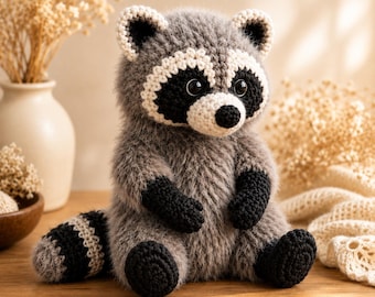 Crochet Raccoon Plush, Fuzzy Trash Panda Stuffed Animal, Cute Woodland Creature Amigurumi, Handmade Forest Animal Toy, Raccoon Lover Gift