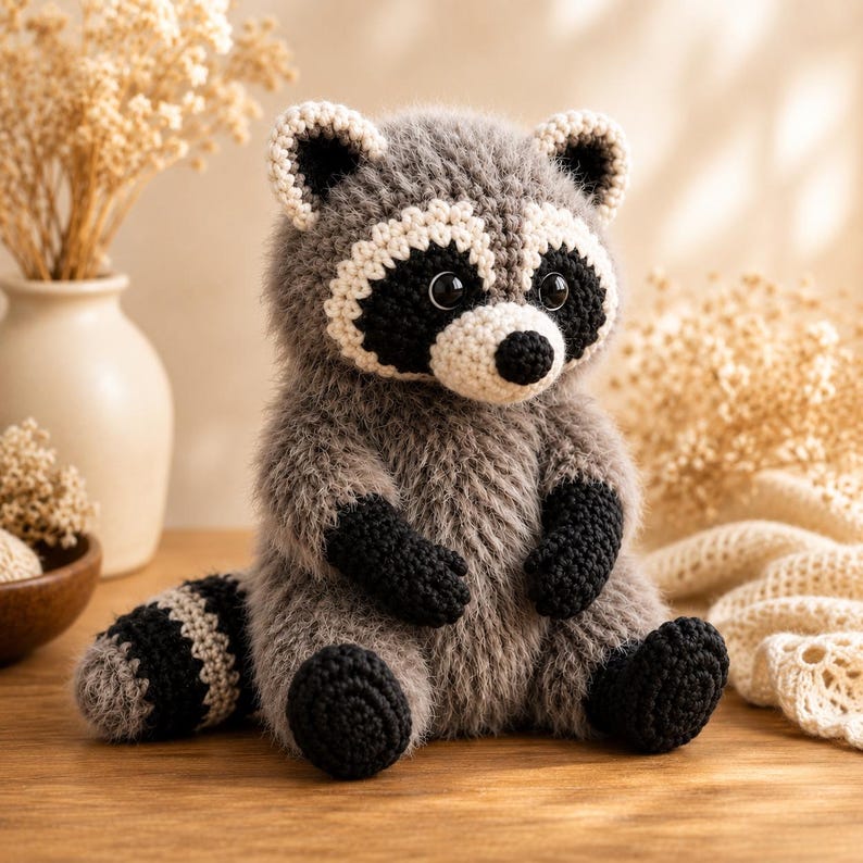 May include: A crocheted raccoon plush toy featuring a fuzzy grey body, black and white facial markings, a black nose, and dark eyes. The raccoon has black paws, black feet, and a striped tail with alternating black and grey bands, crafted with a soft, textured yarn finish.