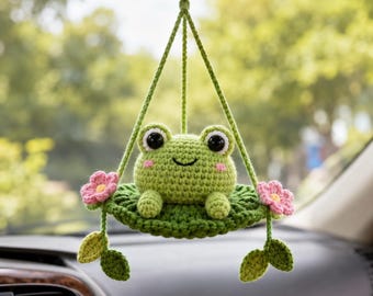 Crochet Frog Car Charm, Cute Rearview Mirror Hanging Accessory, Amigurumi Frog on Lily Pad, Cottagecore Car Decor, New Driver Gift