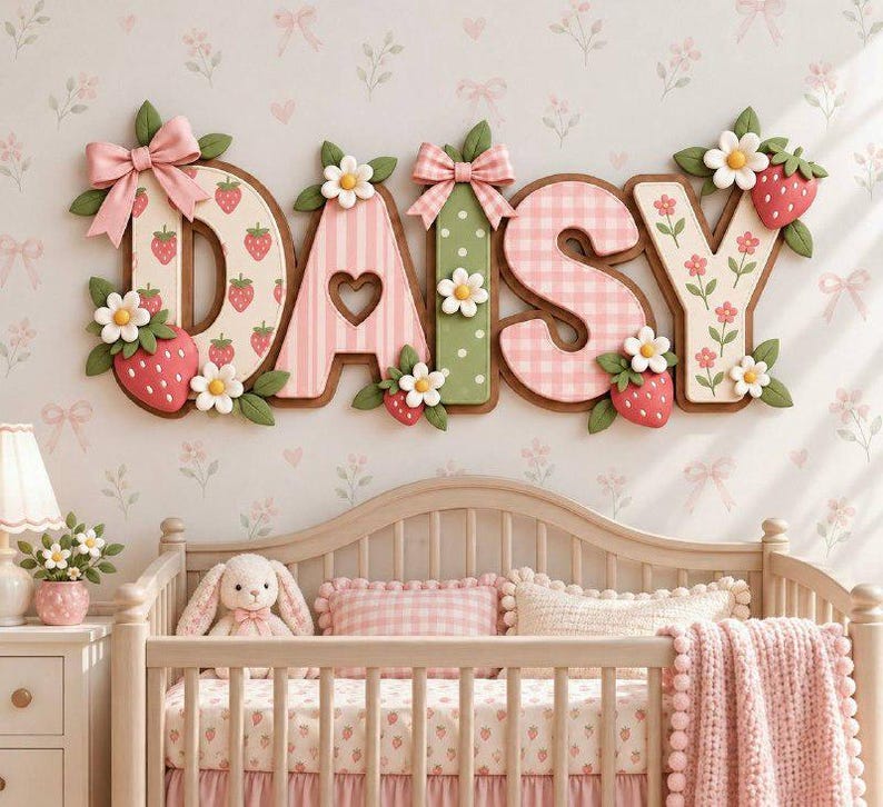 Personalized Baby Name Sign, Strawberry Floral Nursery Wall Decor ...