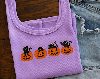 Embroidered Black Cat Pumpkin Tank Top, Halloween EmbroideredTank, Spooky Cat Jack O Lantern Shirt, Cute Fall Women Tank, Gift for Cat Lover