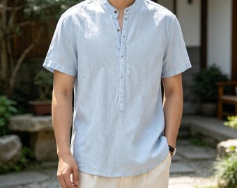 Cotton Linen Blend Soft Breathable Men Stand Collar Henley Shirt, Multi Color Loose Lightweight Business Casual Summer Short Sleeve Top