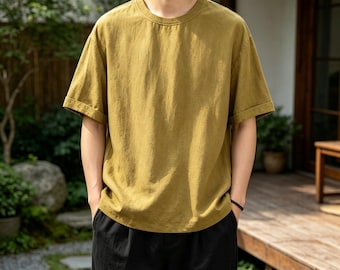 Washed Linen Breathable Soft Men Solid Color Round Neck T-Shirt, Business Casual Lightweight Loose Summer Basic Short Sleeve Top