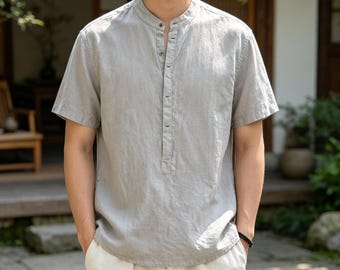 Baumwoll-Leinen-Mischung weiches atmungsaktives Herren Stehkragen Henley Shirt, lockeres, leichtes Business Casual Sommer Kurzarm Top