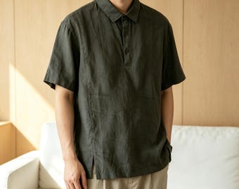 100% Linen Breathable Casual Men Short Sleeve Polo Shirt, Solid Color Chinese Style Commuter Summer Lightweight Loose Top