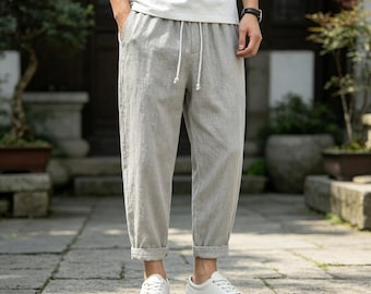 100% Leinen Atmungsaktive Lose Männer Multi Color Kordelzug Hose mit geradem Bein, Leichte Elastische Taille Sommer Lässige Knöchel Hose