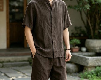 100% Linen Breathable Soft Men Multi Color Stand Collar Button Down Shirt, Loose Lightweight Summer Business Casual Short Sleeve Top
